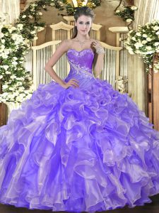 Low Price Lavender Lace Up Quinceanera Gown Beading and Ruffles Sleeveless Floor Length