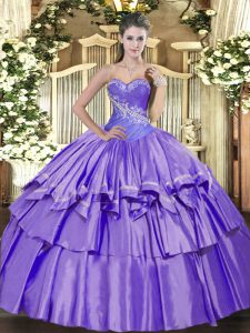 Custom Made Floor Length Lace Up 15th Birthday Dress Lavender for Military Ball and Sweet 16 and Quinceanera with Beadin