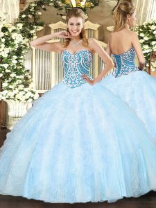 Sleeveless Tulle Floor Length Lace Up Quinceanera Gowns in Light Blue with Beading and Ruffles
