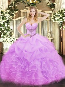 Designer Lilac Sweetheart Lace Up Beading and Ruffles and Pick Ups Sweet 16 Dress Sleeveless