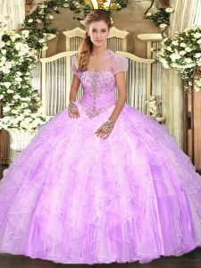 Nice Lilac Sleeveless Floor Length Appliques and Ruffles Lace Up Sweet 16 Dress