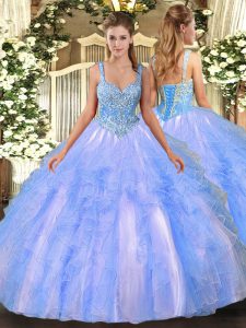 Custom Fit Light Blue Tulle Lace Up Sweet 16 Dresses Sleeveless Floor Length Beading and Ruffles