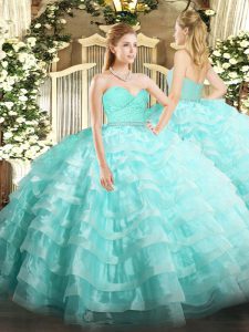 Aqua Blue Tulle Zipper Quinceanera Gown Sleeveless Floor Length Beading and Lace and Ruffled Layers