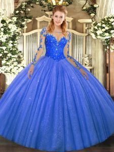 Blue Sweet 16 Dresses Military Ball and Sweet 16 and Quinceanera with Lace Scoop Long Sleeves Lace Up