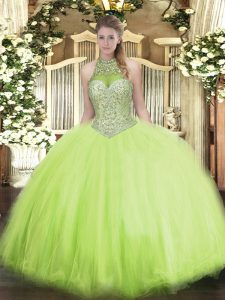 Yellow Green Ball Gowns Tulle Halter Top Sleeveless Beading Floor Length Lace Up Quinceanera Dresses