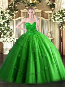Colorful Sleeveless Tulle Floor Length Lace Up Sweet 16 Dress in Green with Appliques