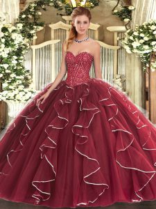 Burgundy Ball Gowns Tulle Sweetheart Sleeveless Beading and Ruffles Floor Length Lace Up Quinceanera Dresses