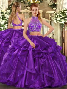 Eggplant Purple Two Pieces Halter Top Sleeveless Organza Floor Length Criss Cross Beading and Ruffled Layers Sweet 16 Dr