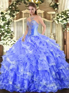 Blue Ball Gown Prom Dress Military Ball and Sweet 16 and Quinceanera with Beading and Ruffled Layers Sweetheart Sleevele