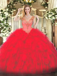Fantastic Red Sleeveless Beading and Ruffles Floor Length Sweet 16 Dresses