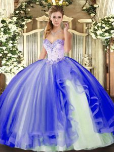 Blue Ball Gowns Tulle Sweetheart Sleeveless Beading and Ruffles Floor Length Lace Up Quinceanera Gowns