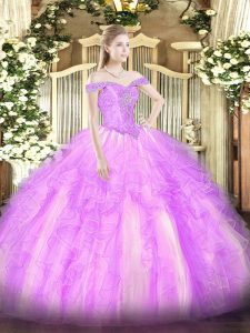 Smart Ball Gowns Sweet 16 Dresses Lilac Off The Shoulder Tulle Sleeveless Floor Length Lace Up