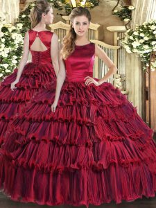 Sleeveless Floor Length Ruffled Layers Lace Up Sweet 16 Dress with Wine Red