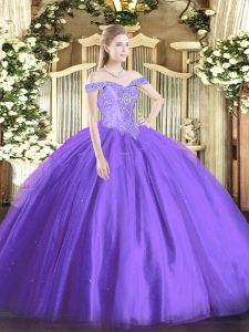 Lavender Tulle Lace Up Off The Shoulder Sleeveless Floor Length 15th Birthday Dress Beading