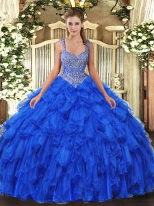Royal Blue Organza Lace Up Straps Sleeveless Floor Length Sweet 16 Quinceanera Dress Beading and Ruffles