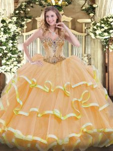 Sweet Gold Ball Gowns Beading and Ruffles Quinceanera Gown Lace Up Organza Sleeveless Floor Length