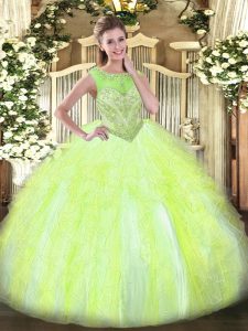 Fancy Yellow Green Organza Lace Up Scoop Sleeveless Floor Length Sweet 16 Dress Beading and Ruffles