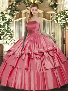 Coral Red Lace Up Sweet 16 Dresses Ruffled Layers Sleeveless Floor Length