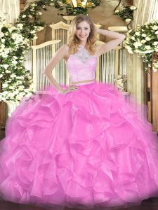 Two Pieces Sweet 16 Quinceanera Dress Rose Pink Scoop Organza Sleeveless Floor Length Zipper
