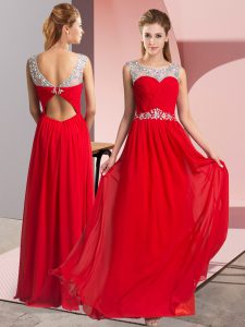High Class Red Empire Scoop Sleeveless Chiffon Floor Length Clasp Handle Beading Prom Evening Gown