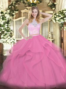 Nice Tulle Scoop Sleeveless Zipper Lace and Ruffles Quince Ball Gowns in Rose Pink