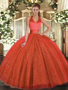 Sleeveless Floor Length Sequins Lace Up Quince Ball Gowns with Rust Red