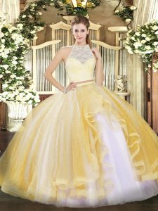 Fashionable Gold Sweet 16 Quinceanera Dress Military Ball and Sweet 16 and Quinceanera with Lace and Ruffles Scoop Sleev