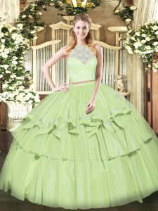 Luxury Olive Green Scoop Zipper Lace and Ruffled Layers Sweet 16 Dress Sleeveless