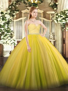 Modern Floor Length Zipper 15 Quinceanera Dress Gold for Military Ball and Sweet 16 and Quinceanera with Beading and Lac