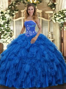 Royal Blue Organza Lace Up Sweet 16 Dress Sleeveless Floor Length Beading and Ruffles
