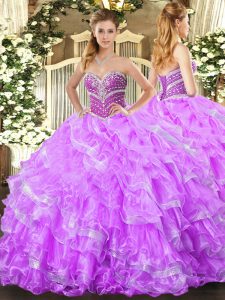 Lilac Lace Up Sweetheart Beading and Ruffled Layers Quinceanera Gown Organza Sleeveless