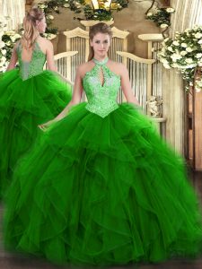Floor Length Lace Up Quinceanera Dresses Green for Military Ball and Sweet 16 and Quinceanera with Ruffles and Sequins
