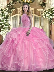 Simple Ball Gowns Sweet 16 Dresses Rose Pink High-neck Organza Sleeveless Floor Length Lace Up