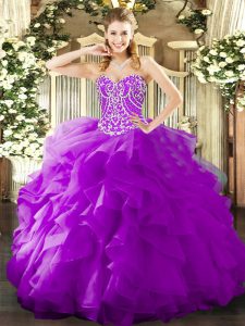 Fabulous Organza Sweetheart Sleeveless Lace Up Beading and Ruffles Quinceanera Gown in Purple