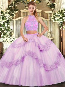 Popular Sweetheart Sleeveless Quinceanera Dress Floor Length Beading and Appliques and Ruffles Lilac Tulle