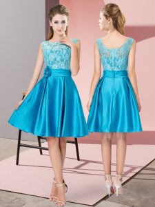 Luxurious Blue Bateau Neckline Lace and Hand Made Flower Dress for Prom Sleeveless Zipper
