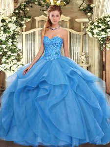 Pretty Baby Blue Lace Up Quince Ball Gowns Beading and Ruffles Sleeveless Floor Length