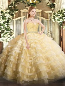 Gold Ball Gowns Tulle Sweetheart Sleeveless Beading and Lace and Ruffled Layers Floor Length Zipper Quinceanera Gown