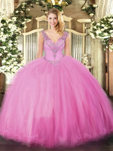 Rose Pink Tulle Lace Up Quinceanera Dresses Sleeveless Floor Length Beading