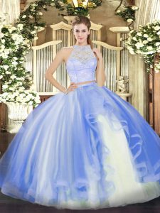 Baby Blue Sleeveless Lace and Ruffles Floor Length Quince Ball Gowns