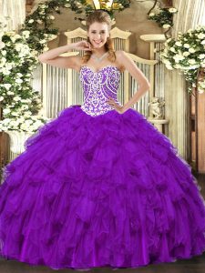 On Sale Purple Sleeveless Floor Length Beading and Ruffles Lace Up Quinceanera Gowns