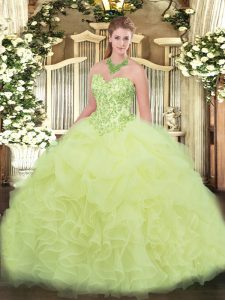 Floor Length Lace Up Sweet 16 Quinceanera Dress Yellow Green for Sweet 16 and Quinceanera with Appliques and Ruffles