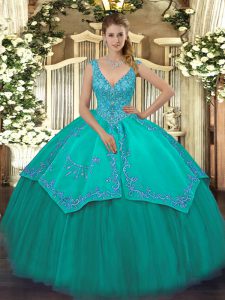 Unique Turquoise Ball Gowns V-neck Sleeveless Taffeta and Tulle Floor Length Zipper Beading and Embroidery Quince Ball G