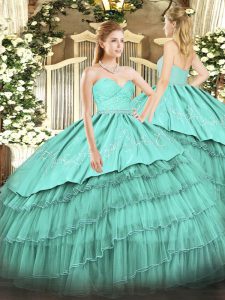 Turquoise Zipper Sweet 16 Dress Beading and Lace and Embroidery and Ruffled Layers Sleeveless Floor Length