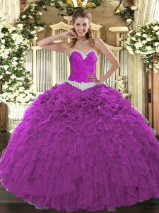 Enchanting Fuchsia Ball Gowns Appliques and Ruffles 15th Birthday Dress Lace Up Organza Sleeveless Floor Length