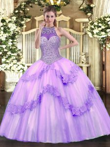 Free and Easy Halter Top Sleeveless Ball Gown Prom Dress Floor Length Beading and Appliques Lavender Tulle