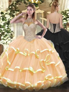 Peach Halter Top Lace Up Beading and Ruffled Layers Vestidos de Quinceanera Sleeveless