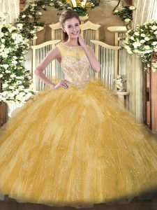 Gold Ball Gowns Scoop Sleeveless Organza Floor Length Zipper Beading and Ruffles Sweet 16 Quinceanera Dress