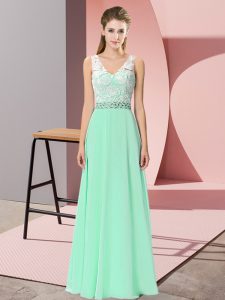 Apple Green Sleeveless Floor Length Beading Lace Up Dress for Prom