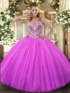 Romantic Ball Gowns Vestidos de Quinceanera Fuchsia Sweetheart Tulle Sleeveless Floor Length Lace Up